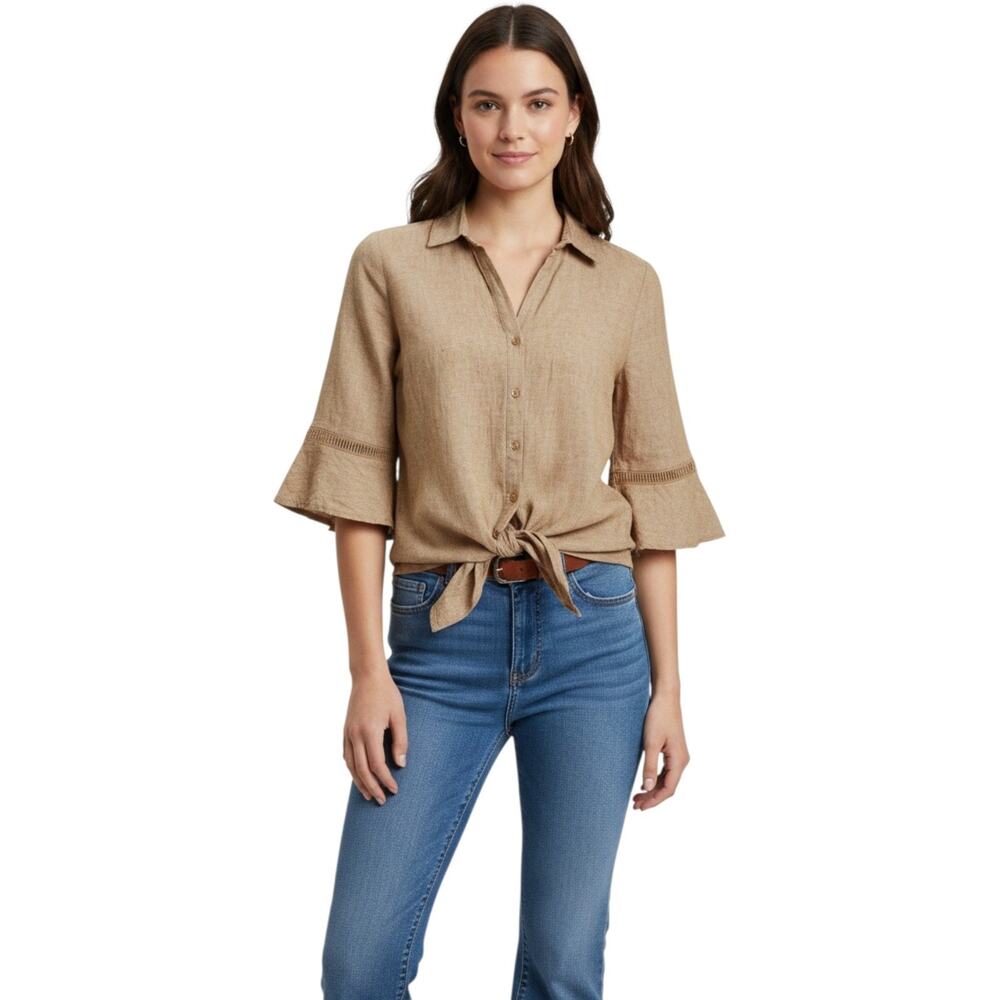 Harve Benard Linen Cotton Shirt Womens M Brown Tie Front Hi Lo Button Boho Top